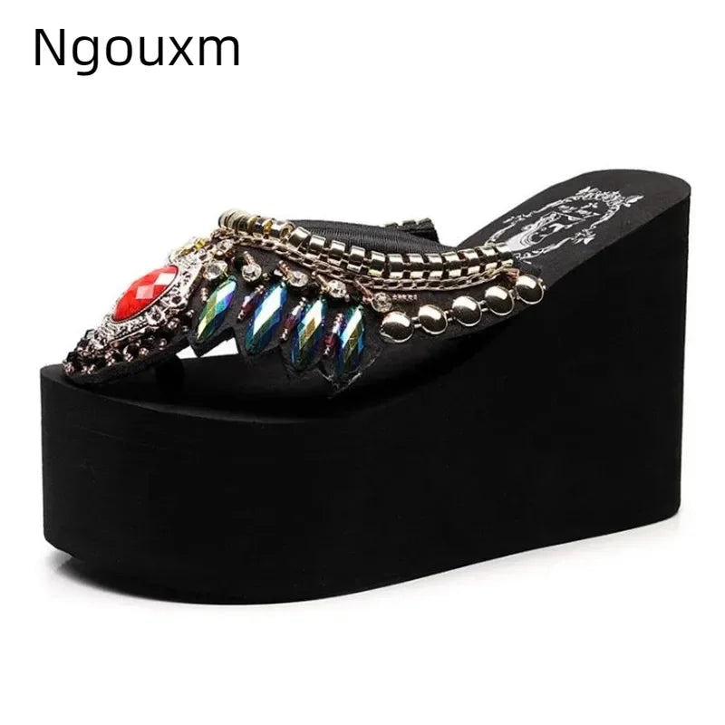 Ngouxm Plataforma Chinelos Flip-Flops Mulheres Cunha Strass Praia Salto Super Alto 11CM Chinelos Para Mulheres Sapatos Boêmios Plus Size