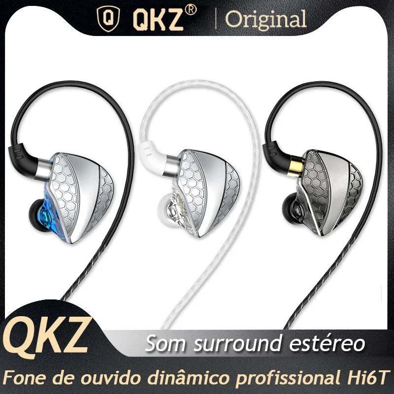 Fone de Ouvido QKZ-Hi6T Auscultadores HiFi, Driver Dinâmico, Auscultadores IEM Stereo Surround Música, Hi-Res com Microfone, In-Ear, Desporto,