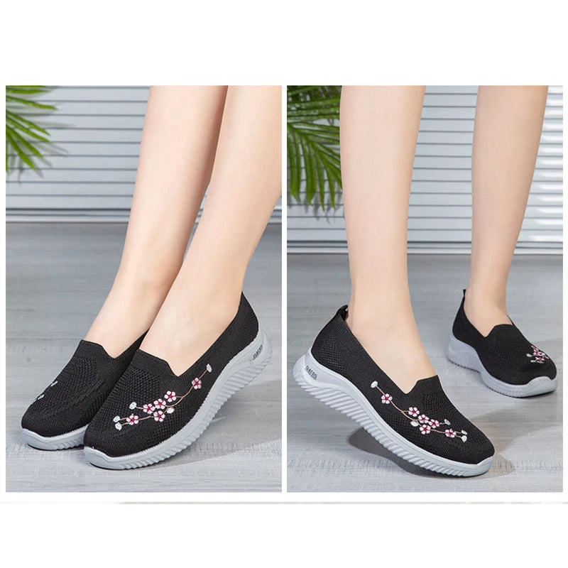 Tênis Feminino Malha Respirável Conforto FloralSapatos Macios Cor Sólida Moda Calçados Femininos Leves Sapatos de mulher.